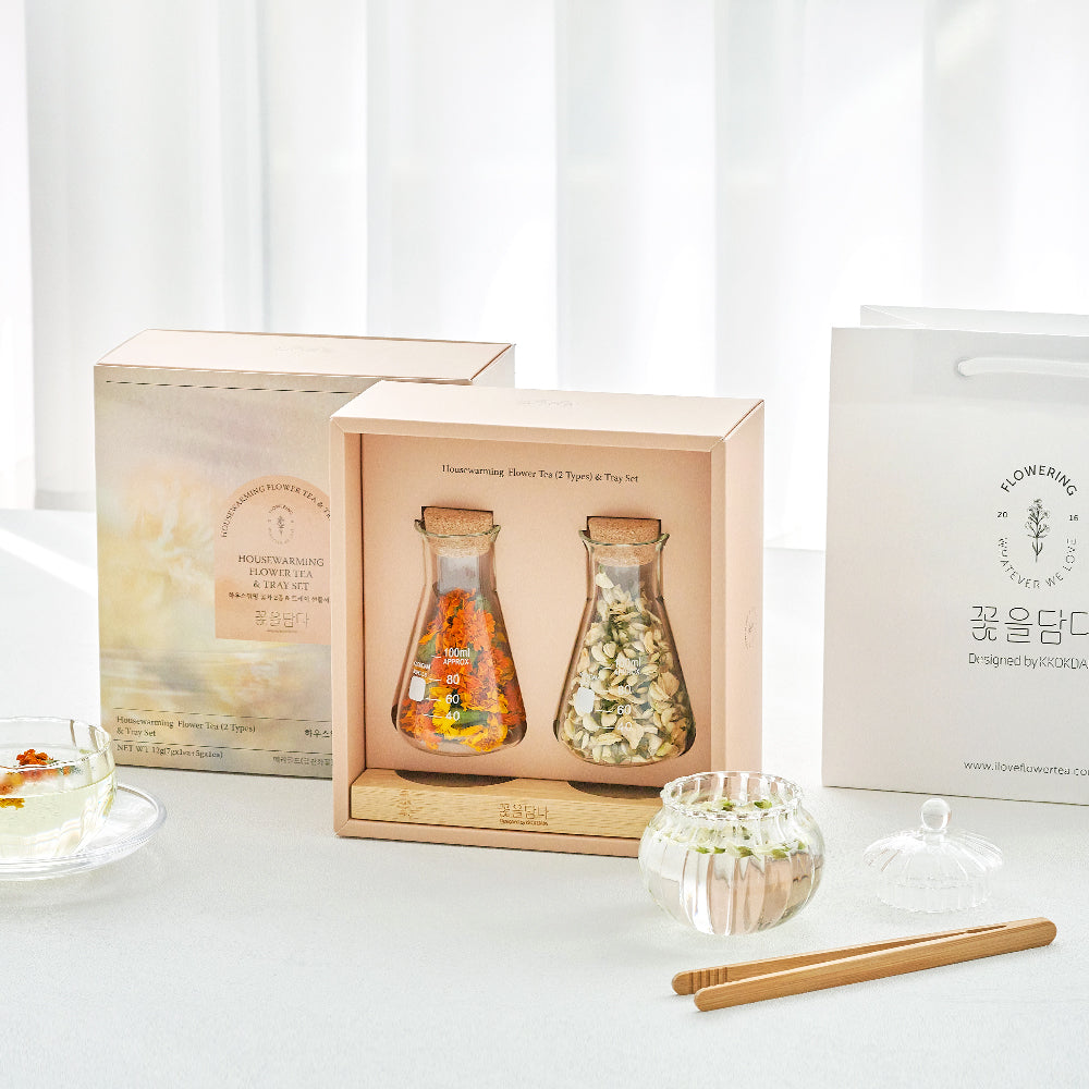 Housewarming Flower Tea Gift Set (Marigold 7g + Acacia 5g + Tray)